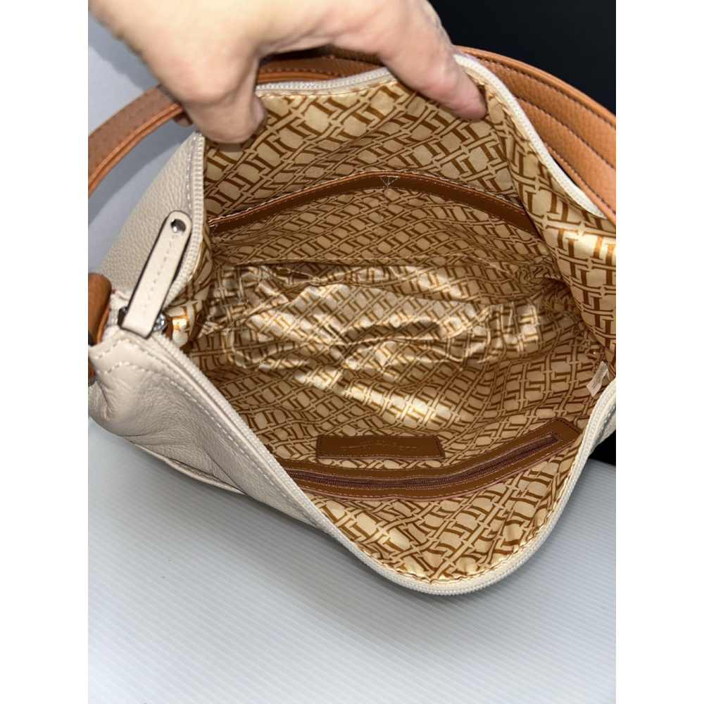 Tignanello Cream & Brown Pebbled Leather Hobo Bag Purse Soft Very Clean Lined - Picture 7 of 10